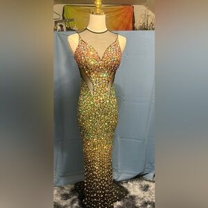 Elegant Prom Gown. Black with Gold/green/red crystals with a train. Size 00